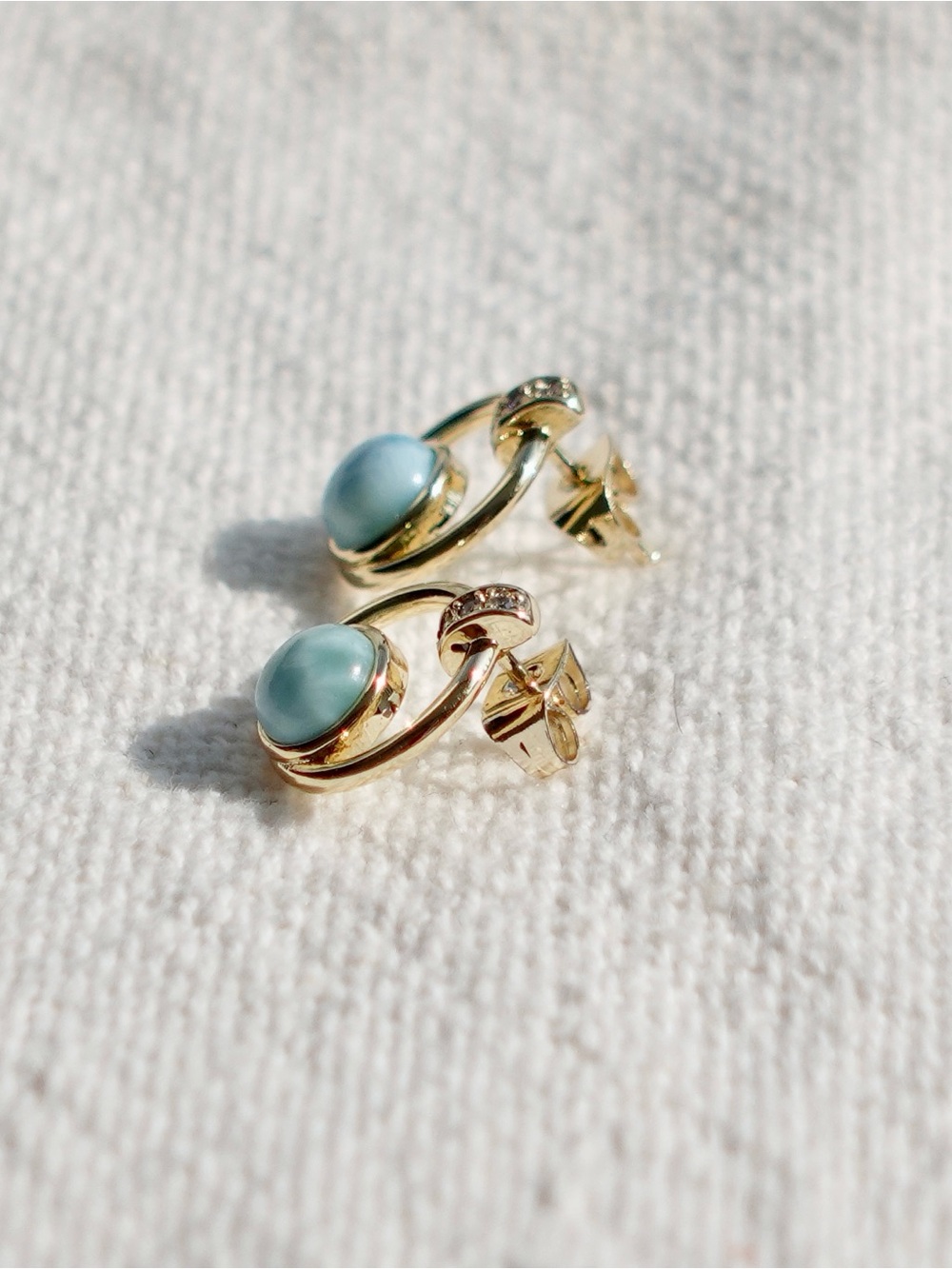 NEW! Gold Plated Stud Earrings with Larimar Stone - Picture 3 of 5